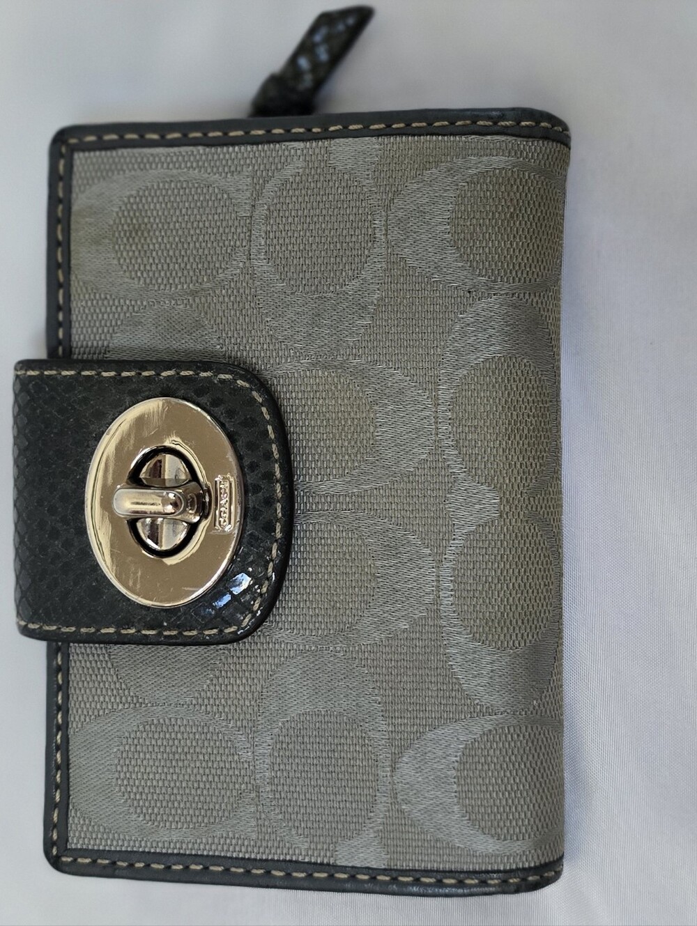 Coach Grey Signature Canvas & Python Trim Turnlock Medium Wallet